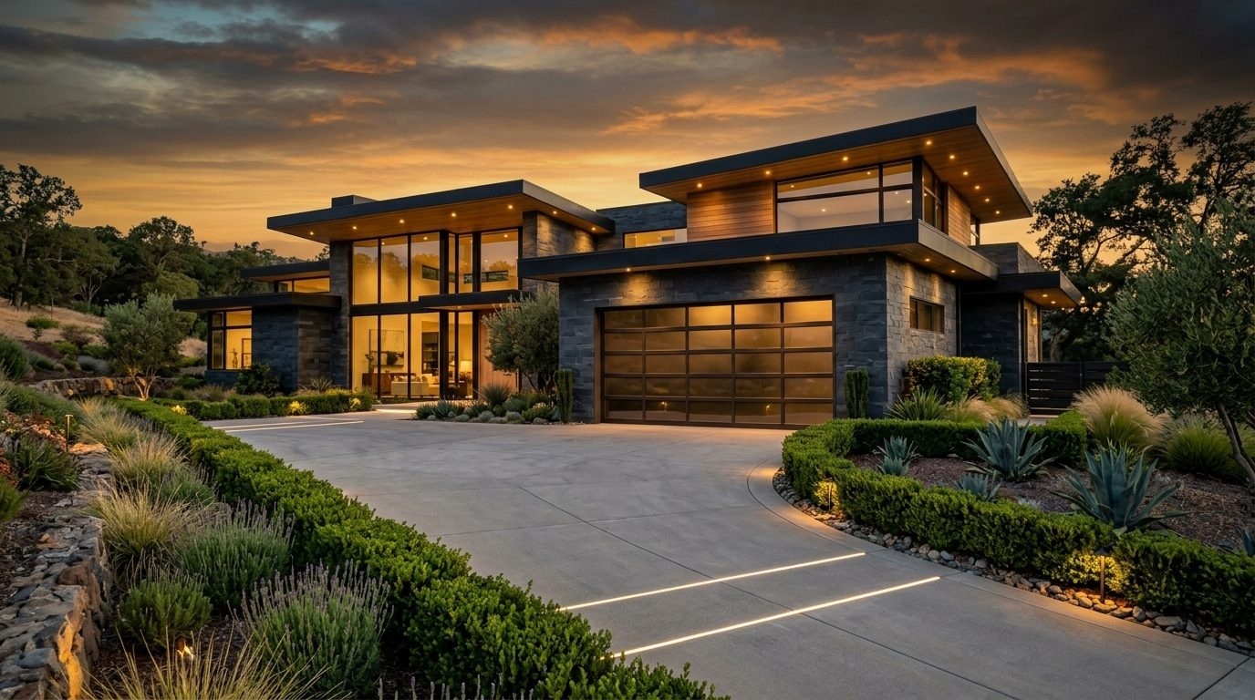Roberts Garage Door Service Exterior Closed Garage Door at Twilight